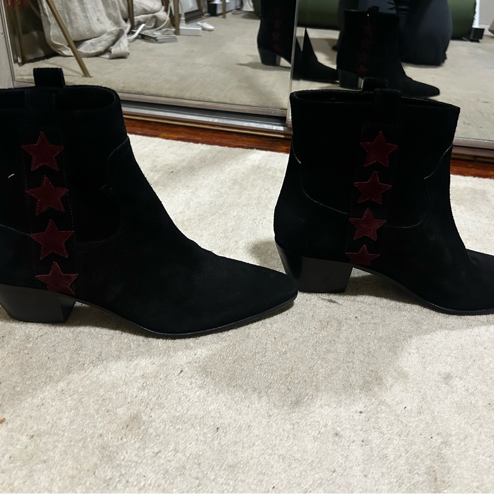 Saint Laurent Black Suede Ankle Boots with Burgundy Star Detail